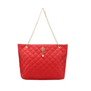 Quilted red tote bag with gold chain strap and elegant crown pearl pendant detail
