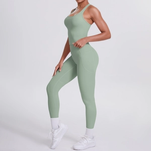 Detail view of sage green yoga set showing side pocket on high-waist leggings