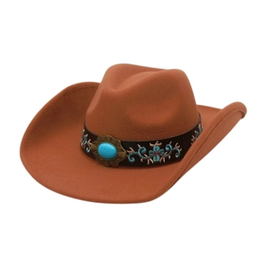 Brown wool felt cowboy hat with blue turquoise stone and vintage floral embroidery
