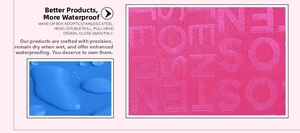 Detail of waterproof blue fabric with water droplets and pink jacquard logo texture
