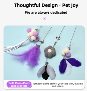 Detail of cat wand toy refills with colorful feathers, plush balls, and tinkling bells