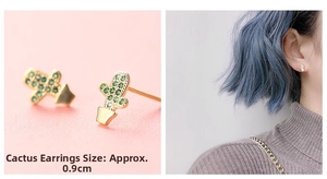 Macro detail and on-ear look of 0.9cm gold cactus stud earrings with green zircon