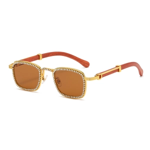 Square gold diamond sunglasses with wood grain temples and brown lenses in 45-degree view