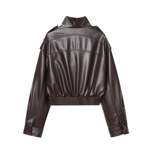 Back view of a cropped dark brown PU faux leather biker jacket with elastic hem and epaulets