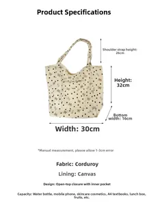 Corduroy tote bag dimensions and size chart showing black heart and butterfly patterns