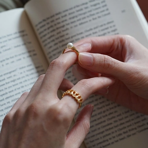 Elegant 14k gold plated sterling silver open rings with pearls and chain design