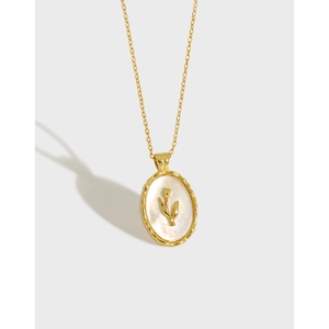 Tulip Pendant Necklace 925 Sterling Silver With Mother Of Artificial Pearl Oval Floral Relief French Vintage Style Jewelry For Women
