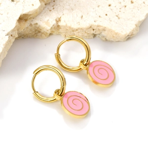 Minimalist 18K gold stainless steel hoop earrings with pink spiral fruit charms