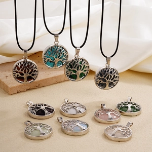 Tree Of Life Pendant Necklace Natural Stone Alloy Hollow Round Geometric Bohemian Jewelry For Women