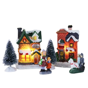 6-piece Christmas village set with LED glowing resin houses and miniature snow trees