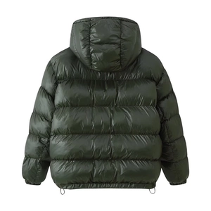 Back view of dark green hooded puffer jacket with quilted padding and warm insulation