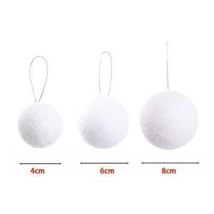 Detailed comparison of white flocked foam Christmas tree balls in sizes 4cm, 6cm, and 8cm