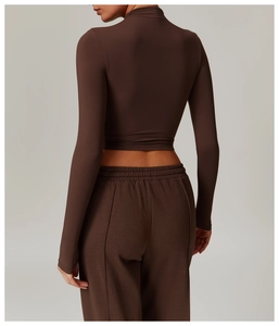 Detail view of the back of a dark brown mock-neck crop top in quick-dry stretch fabric