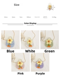 Size chart for cute mini saddle bag with dimensions, strap length and color options