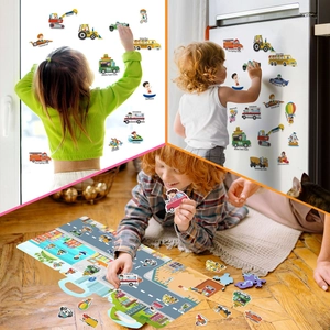 Detail of reusable transportation stickers showing excavator and bus on various surfaces