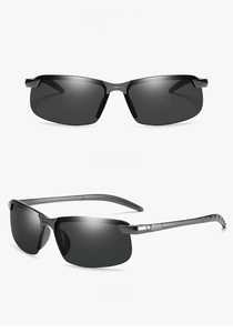 Front and 45-degree side view of gunmetal semi-rimless sunglasses with grey lenses