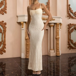 Elegant Lace Maxi Dress Camisole Bodycon Slim Fit Fishtail Hem Ruched Chest Evening Party Prom Gown For Women