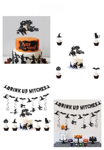 Halloween Drink Up Witches banner and cake toppers with black glitter silhouettes