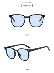 Vues de face et de profil de la monture noire vintage avec verres bleu clair