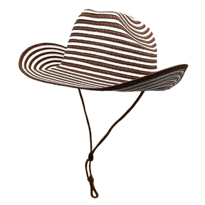 Detail of woven straw cowboy hat with brown stripes and adjustable chin strap cord