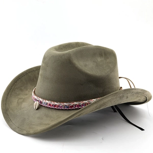 Olive green wide brim western cowboy hat with ethnic style shell headband decoration