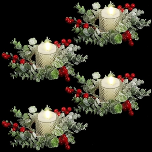 Set of 4 Christmas candle rings with red berries, snowy eucalyptus, and LED lights