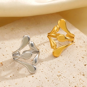 Minimalist liquid metal rings in gold and silver finish with teardrop shaped open design