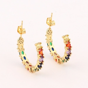 Chic gold-tone C-shaped hoop earrings featuring vibrant rainbow cubic zirconia stones