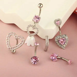 Piercings de ombligo de circón rosa en forma de corazón con barras de acero quirúrgico