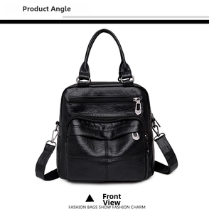 Detail of black faux leather backpack featuring multiple zip pockets and metal hardware