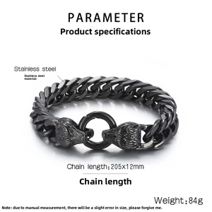 Détails du bracelet punk loup en acier inoxydable avec 205mm de long et un poids de 84g