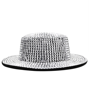 Macro view of silver square studs and black edge on the wool felt flat top jazz hat