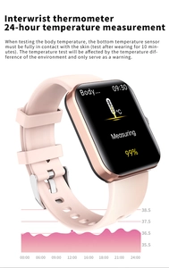 Detail view of pink smart watch showing 24h body temperature monitoring and data chart