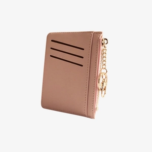 Pink faux leather card holder with three slots, zipper coin pocket and gold keychain