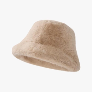 Thick beige plush bucket hat for women, soft faux fur fisherman cap for winter warmth