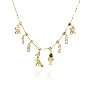 Gold S925 silver necklace with sparkling number charms, astronaut and dinosaur pendants
