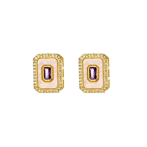 Detail of gold-plated rectangular earrings with purple zircon and white enamel finish