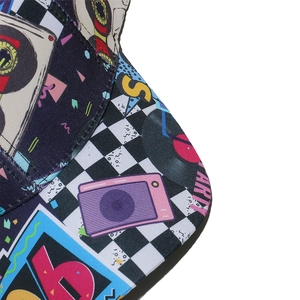 Close-up of 80s 90s retro disco print baseball cap featuring vintage boombox patterns
