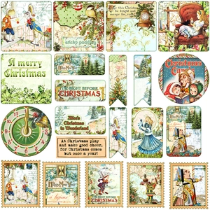 Flat lay of vintage Alice and Christmas themed stickers for planners and scrapbooking