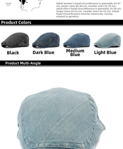 Detail of washed denim flat cap stitching and size chart for men and women