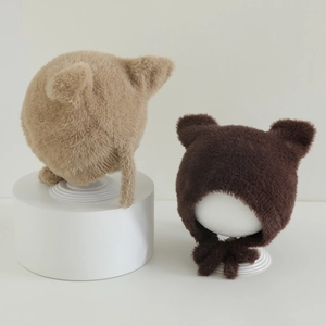 Plush winter baby hat with cat ears and chin straps in khaki and brown faux mink fur