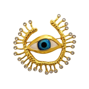Vintage gold-plated evil eye brooch with blue enamel and sparkling crystals