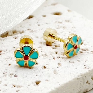 Elegant gold titanium steel flower stud earrings with turquoise enamel and screw back