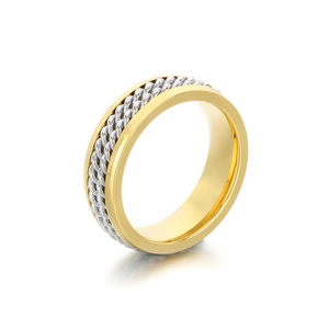 Two-tone stainless steel ring with gold edges and silver braided texture on white background