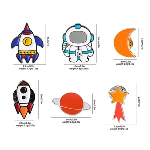 Set of 6 cartoon space enamel pins featuring astronaut rocket and planet icons with dimensions