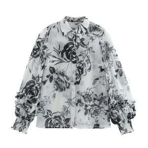 Women White Vintage Floral Print Chiffon Blouse Sheer Long Sleeve Ruffle Cuff Button Down Shirt Elegant