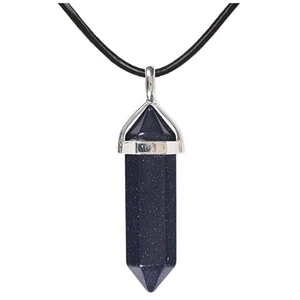 Macro view of a hexagonal blue sandstone pillar pendant with silver clasp and black cord