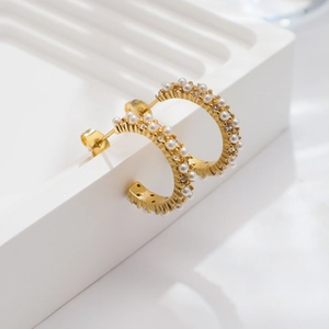 18k gold plated stainless steel C-shape earrings with zircon and pearl accents