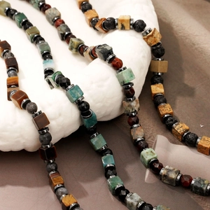 Natural Stone Beaded Bracelet Men Yellow Tiger Eye African Pine Hematite Stainless Steel Adjustable Handcrafted Gift