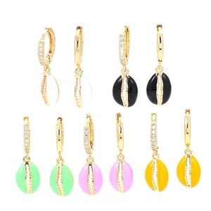 Vintage Copper Zirconia Enamel Shell Hoop Earrings For Women Colorful Ocean Style Marine Jewelry Gift Accessories